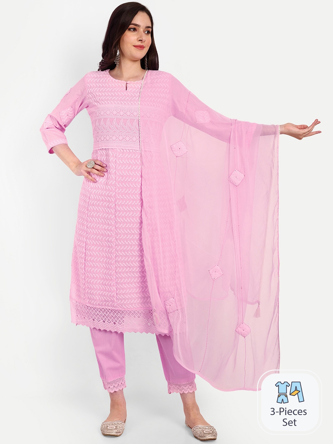 

KAVITA GUPTA Ethnic Motifs Embroidered Sequinned Pure Cotton Kurta with Trousers & With, Pink