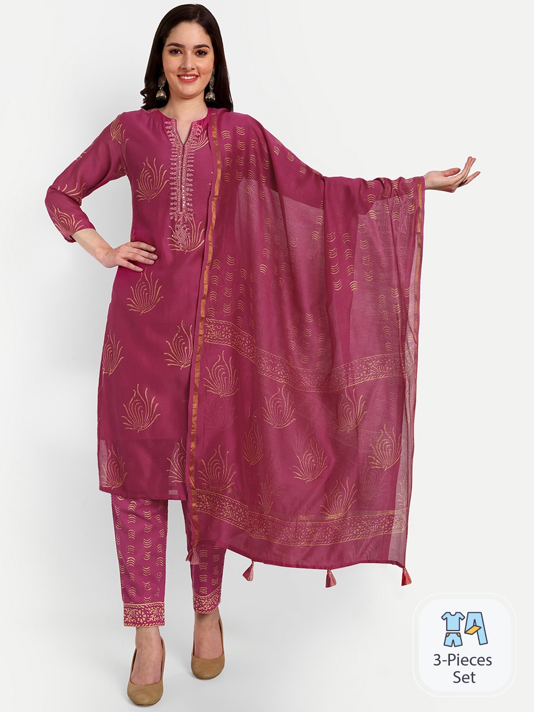 

KAVITA GUPTA Ethnic Motifs Printed Thread Work Cotton Kurta With Palazzos & Dupatta, Magenta