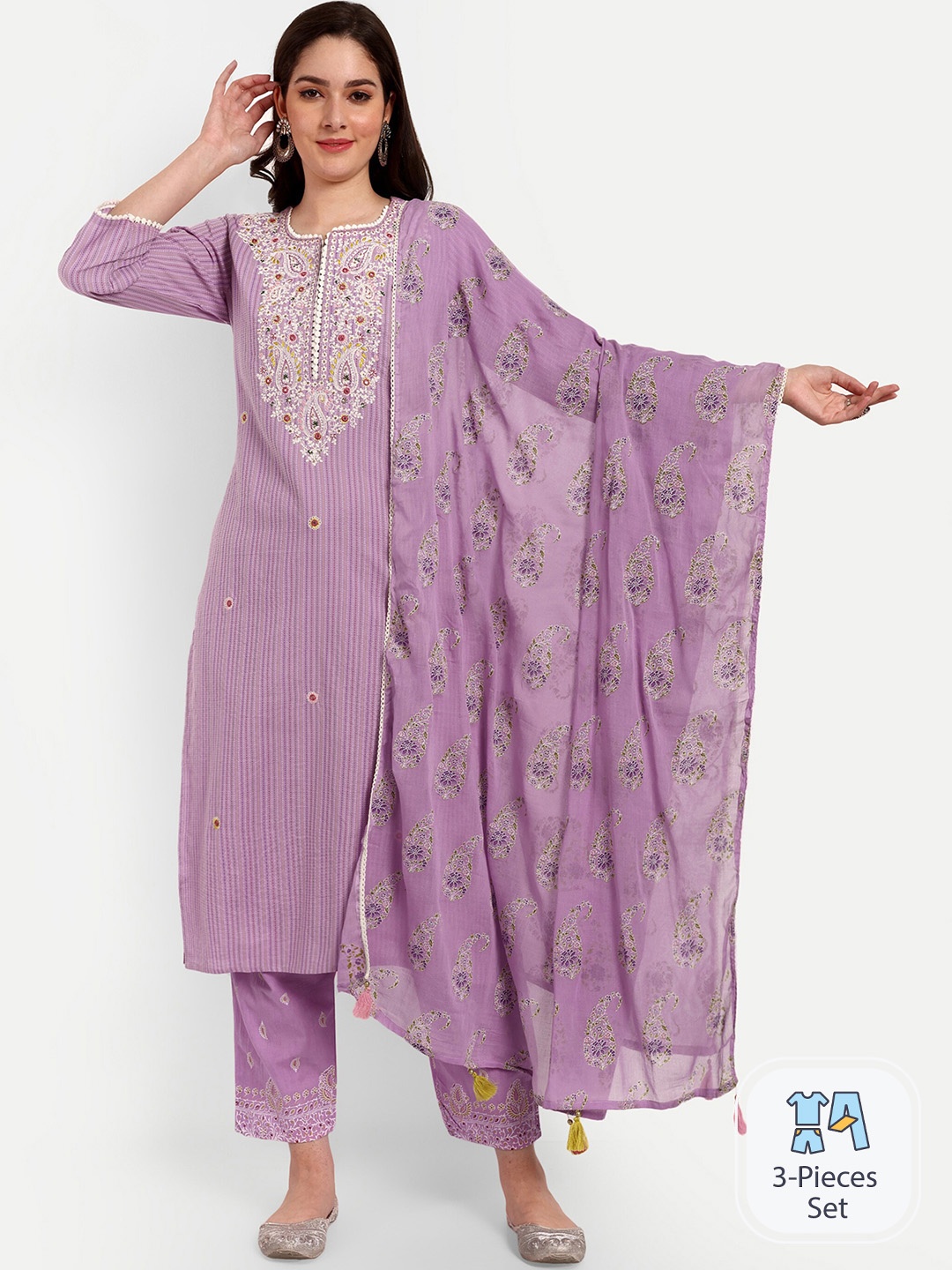 

KAVITA GUPTA Floral Yoke Design Thread Work Pure Cotton Kurta with Trousers & Dupatta, Lavender