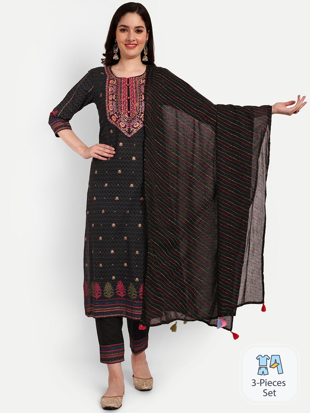 

KAVITA GUPTA Ethnic Motifs Embroidered Pure Cotton Kurta With Palazzos & Dupatta, Black