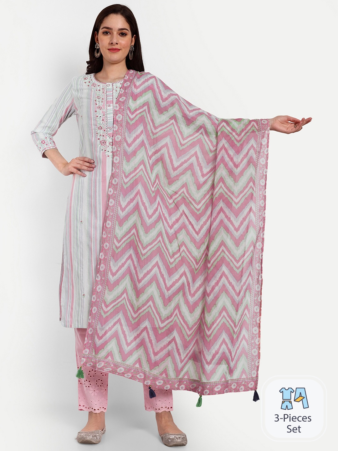 

KAVITA GUPTA Striped Regular Thread Work Pure Cotton Kurta with Trousers & With Dupatta, Pink