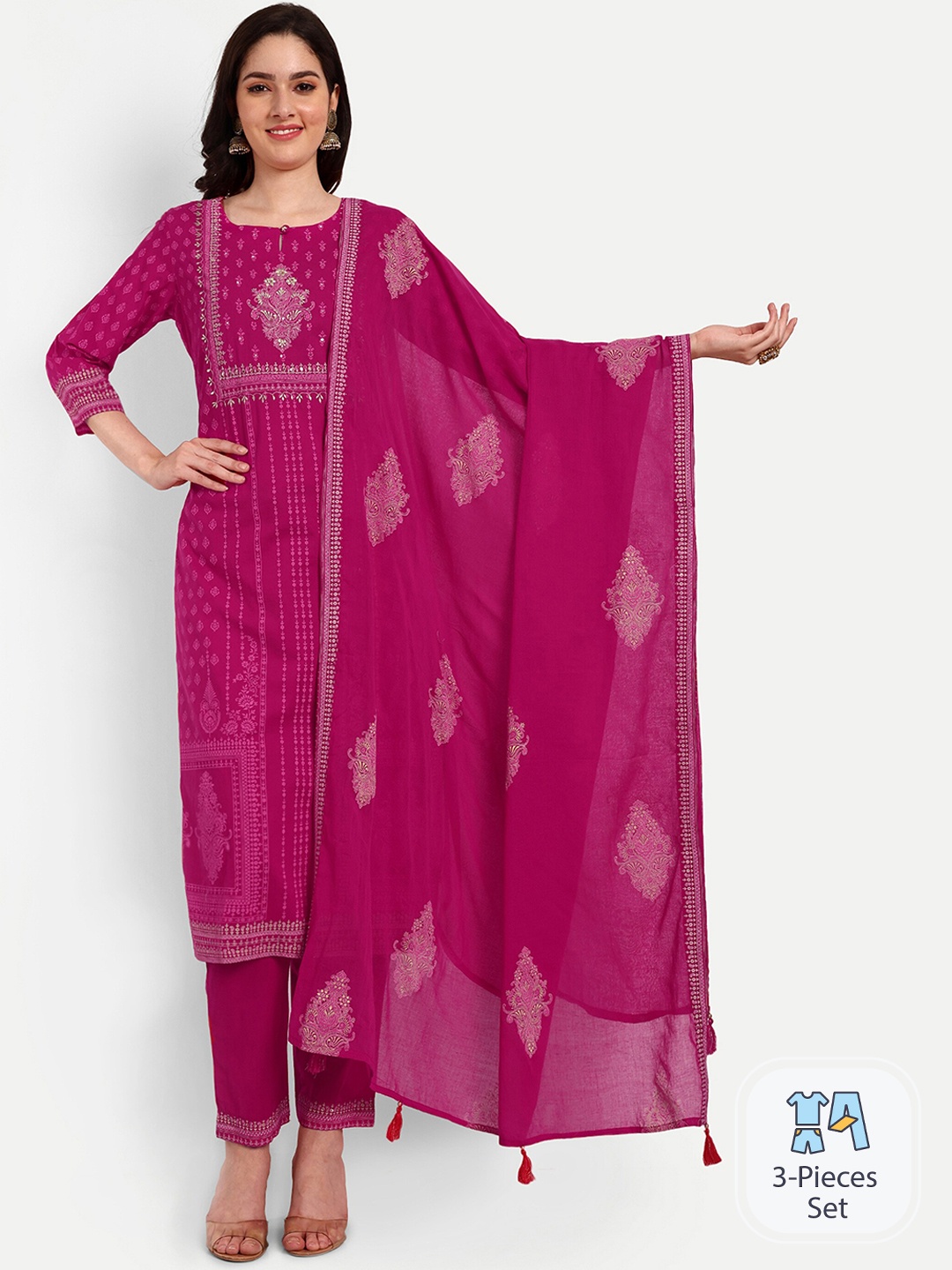 

KAVITA GUPTA Ethnic Motifs Printed Thread Work Pure Cotton Kurta With Trousers & Dupatta, Fuchsia