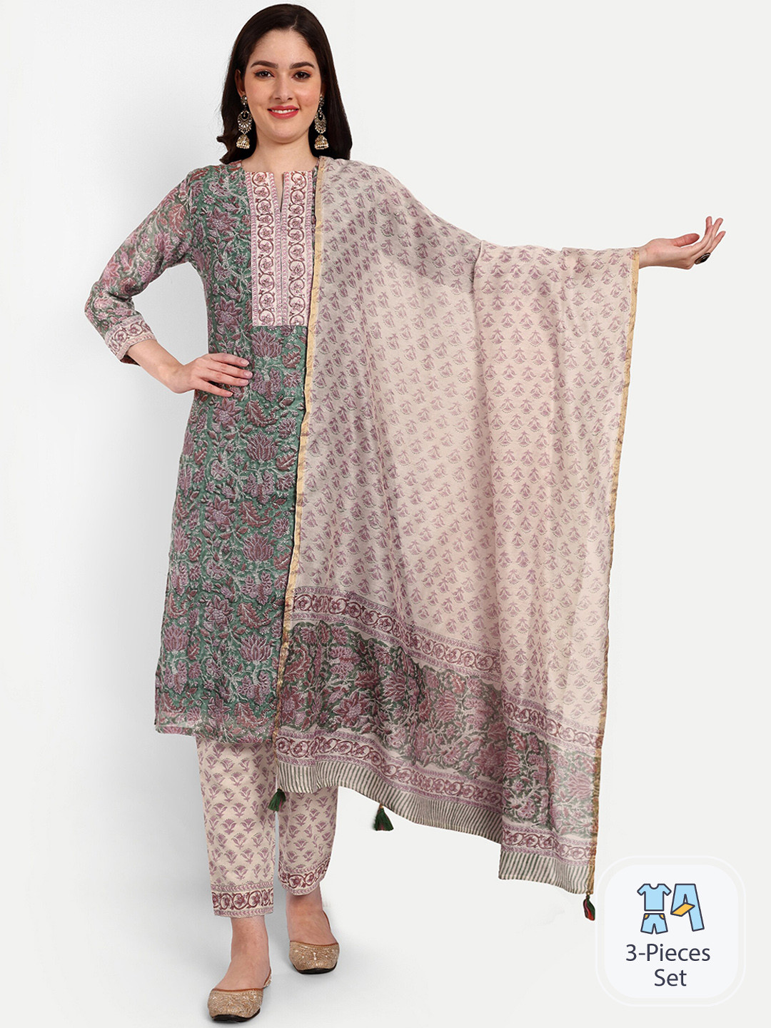 

KAVITA GUPTA Ethnic Motifs Printed Sequinned Chanderi Cotton Kurta Set, Green