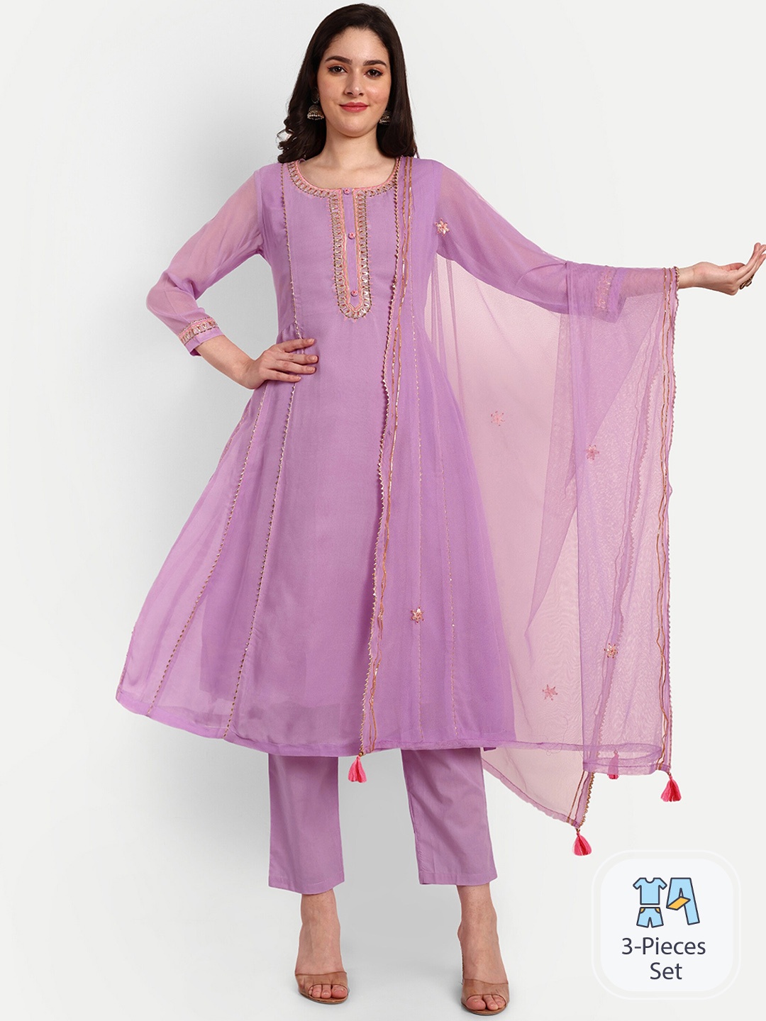 

KAVITA GUPTA Ethnic Motifs Embroidered Gotta Patti A-Line Kurta Set, Lavender