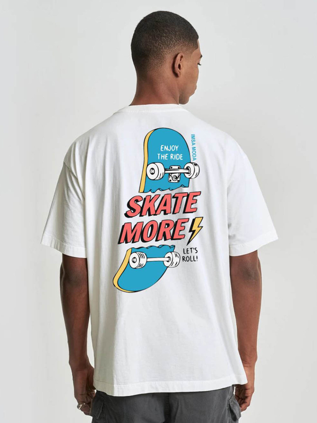 

Imsa Moda Graphic Printed Drop-Shoulder Pure Cotton Oversized T-shirt, White