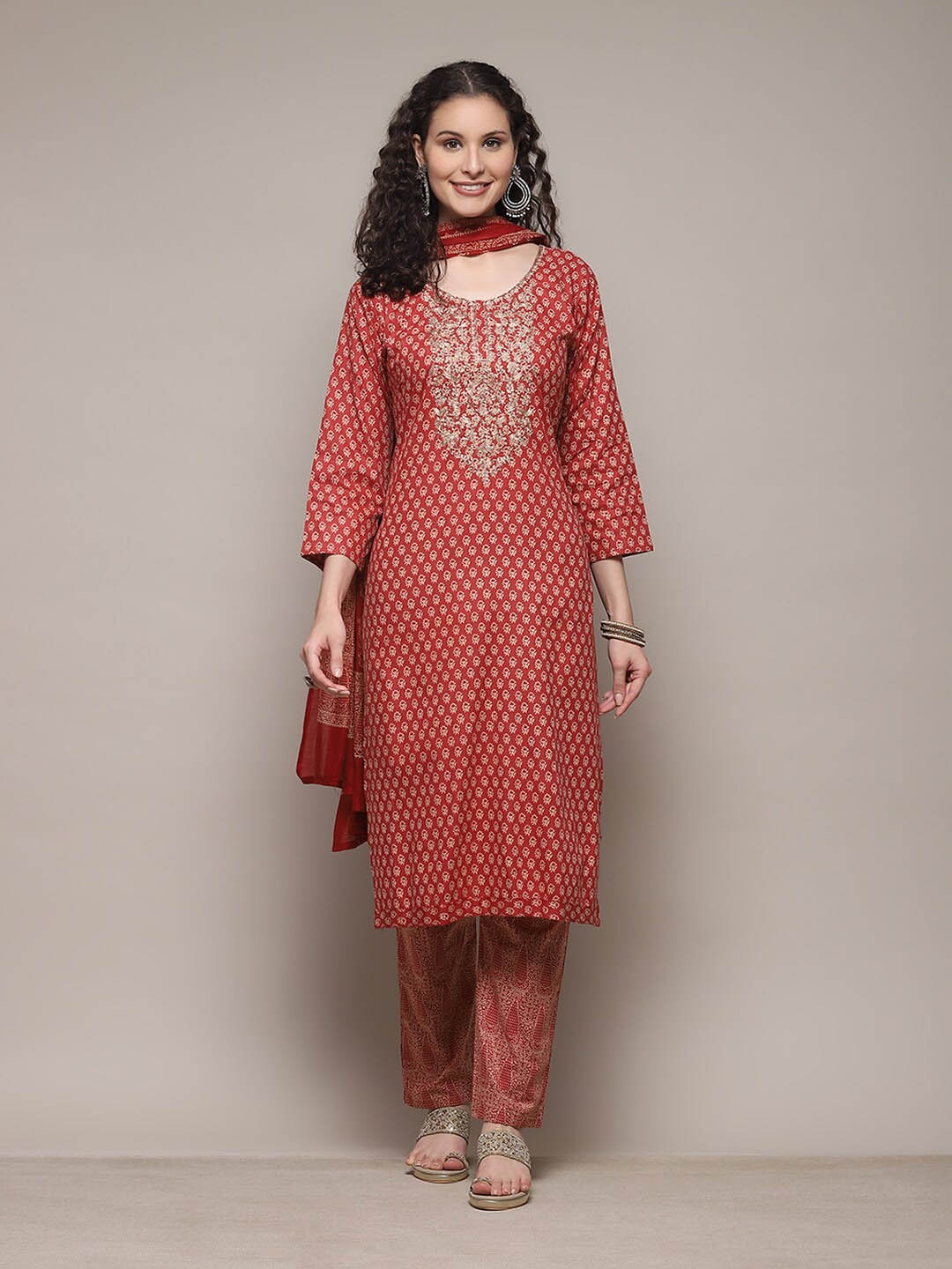 

Biba Floral Printed Zardozi Detail Unstitched Dress Material, Red