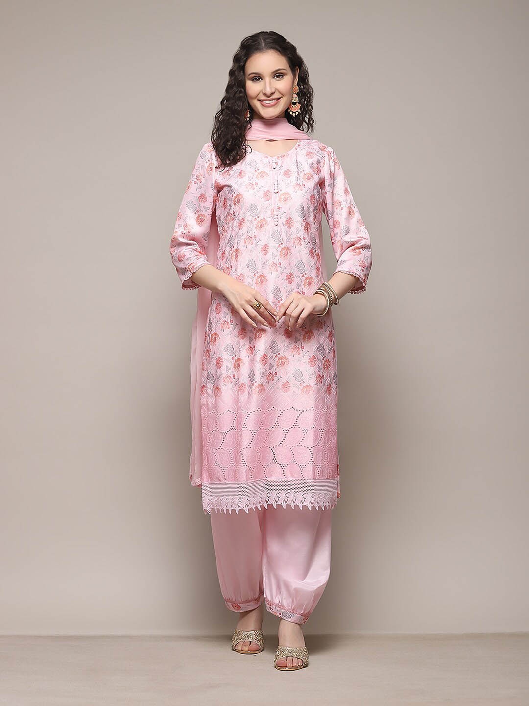

Biba Floral Printed Thread Work Unstitched Dress Material, Pink