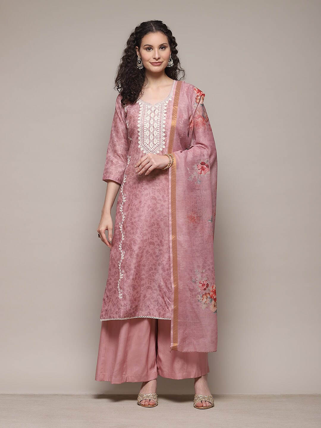 

Biba Floral Printed Mukaish Unstitched Dress Material, Pink