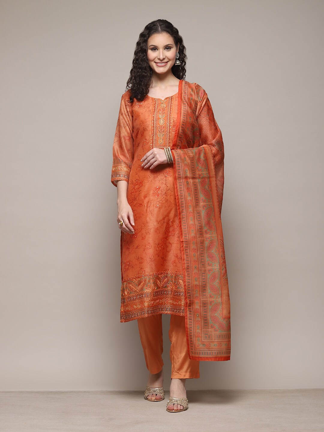 

Biba Floral Printed Sequinned Unstitched Dress Material, Orange