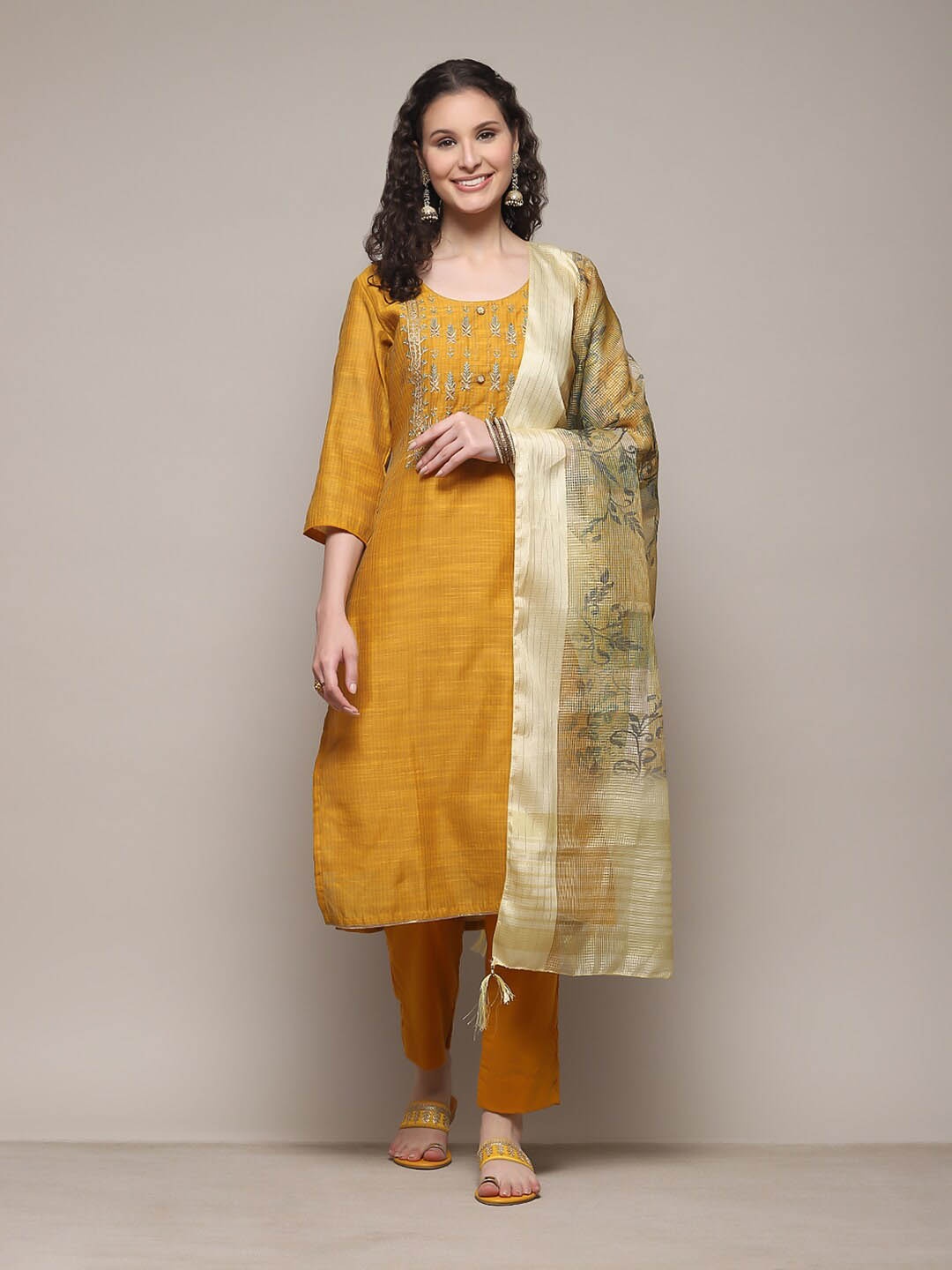 

Biba Floral Embroidered Unstitched Dress Material, Mustard
