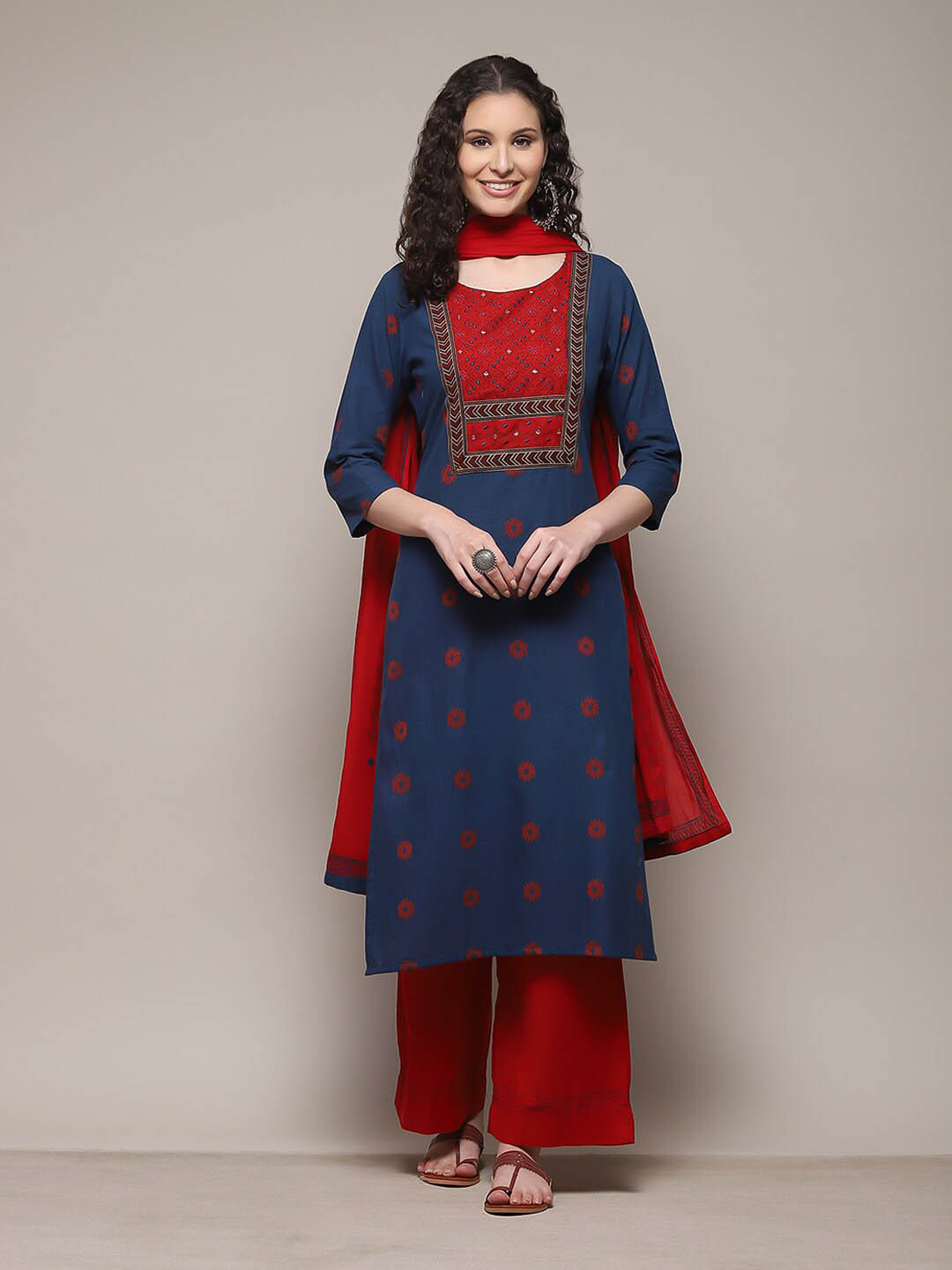 

Biba Ethnic Motifs Printed Mirror Work Unstitched Dress Material, Red