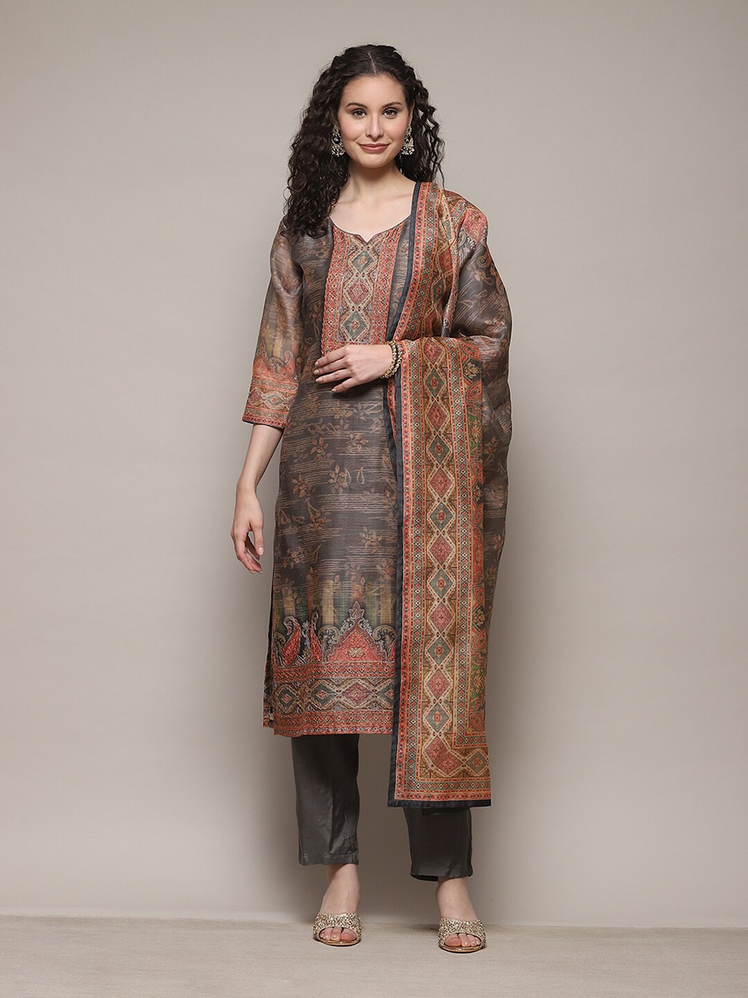 

Biba Ethnic Motif Printed Beads And Stones Unstitched Dress Material, Grey