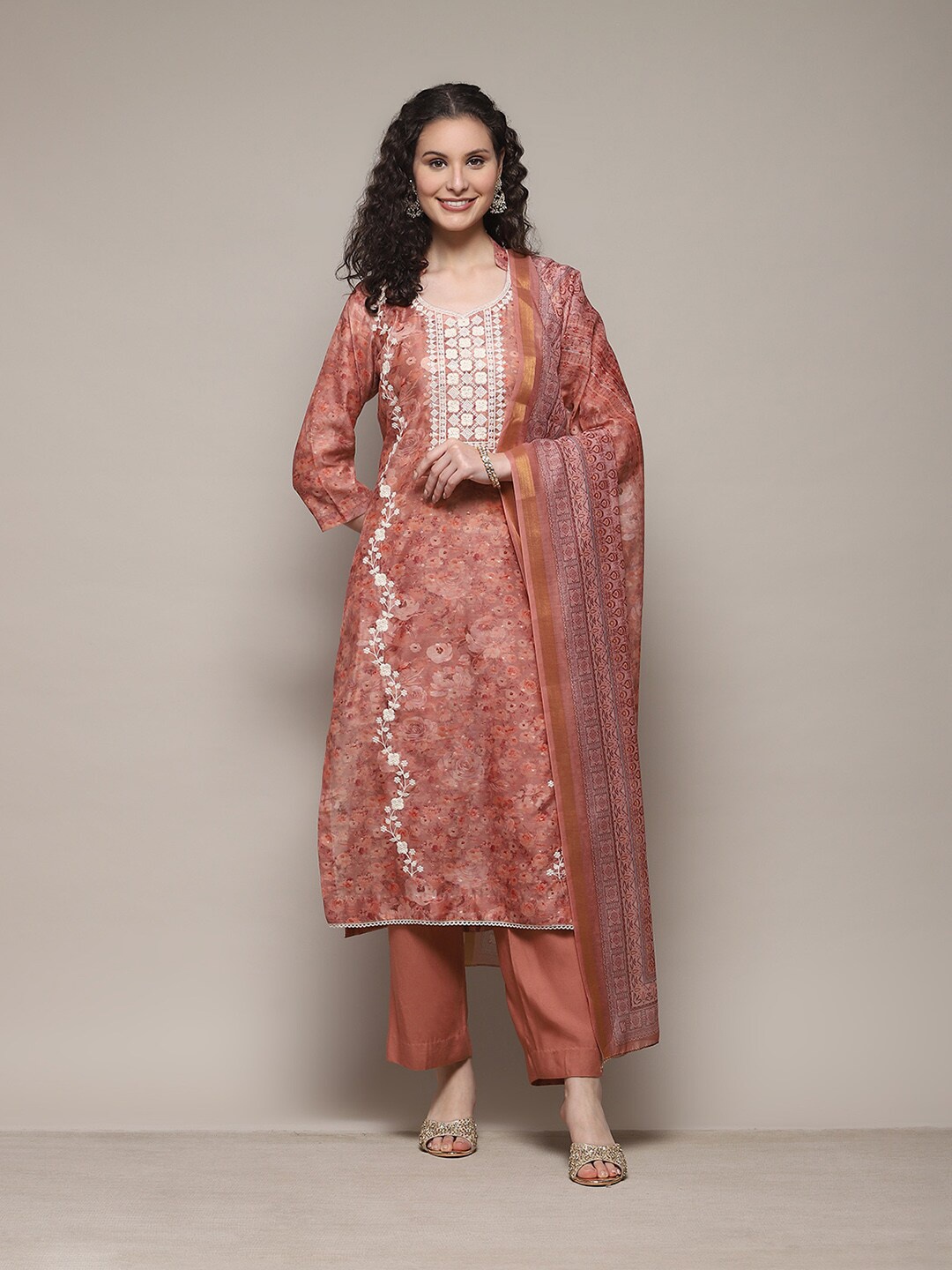 

Biba Floral Embroidered Thread Work Unstitched Dress Material, Orange