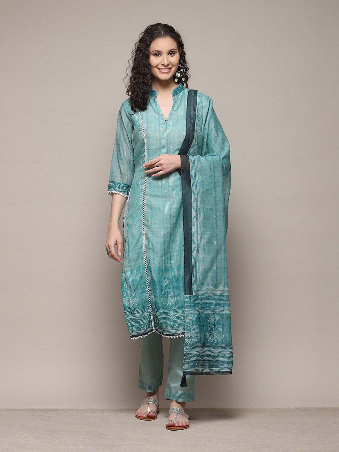 

Biba Striped Embroidered Sequined Unstitched Dress Material, Green