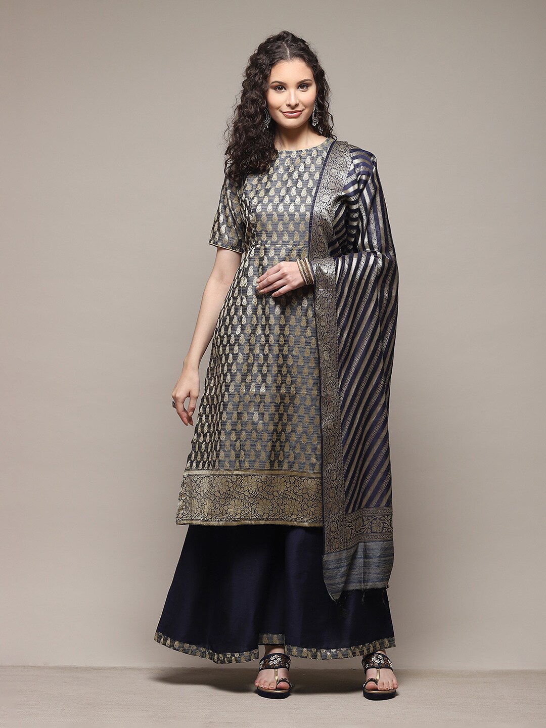 

Biba Paisley Woven Design Zari Unstitched Dress Material, Blue