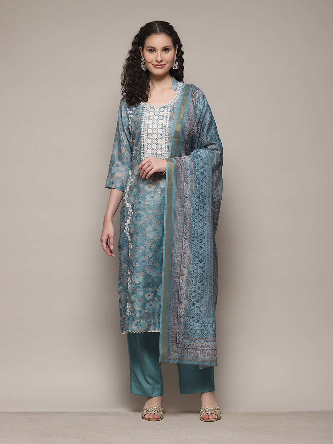

Biba Floral Printed Thread Work Unstitched Dress Material, Blue