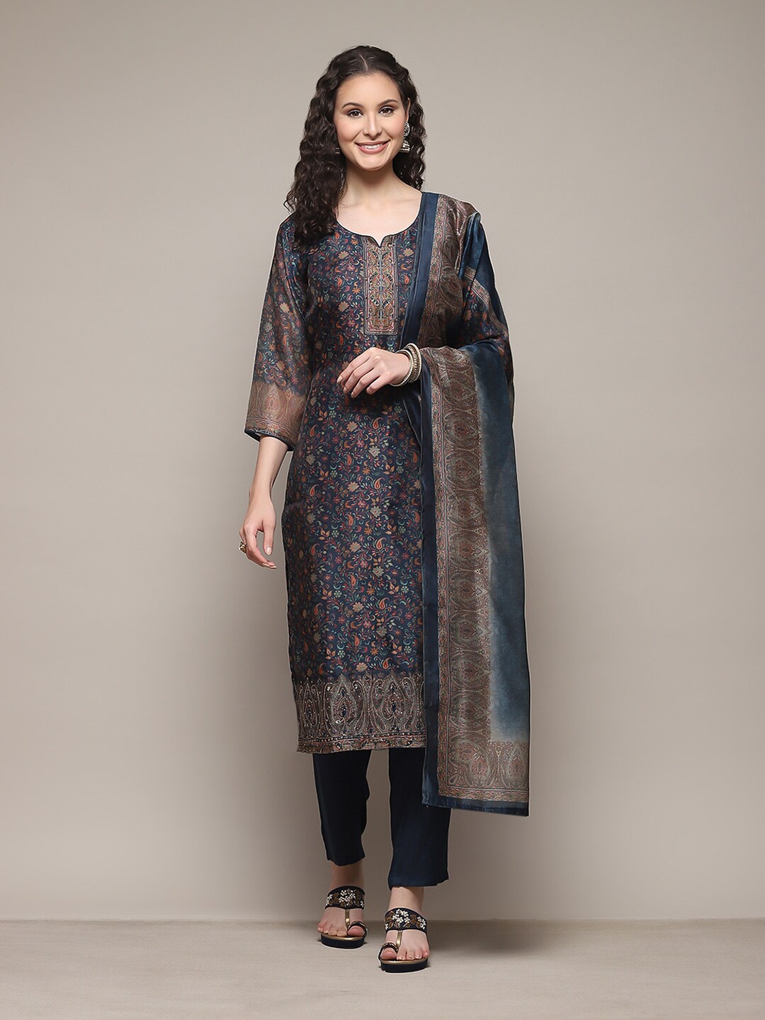 

Biba Floral Printed Sequined Unstitched Dress Material, Blue