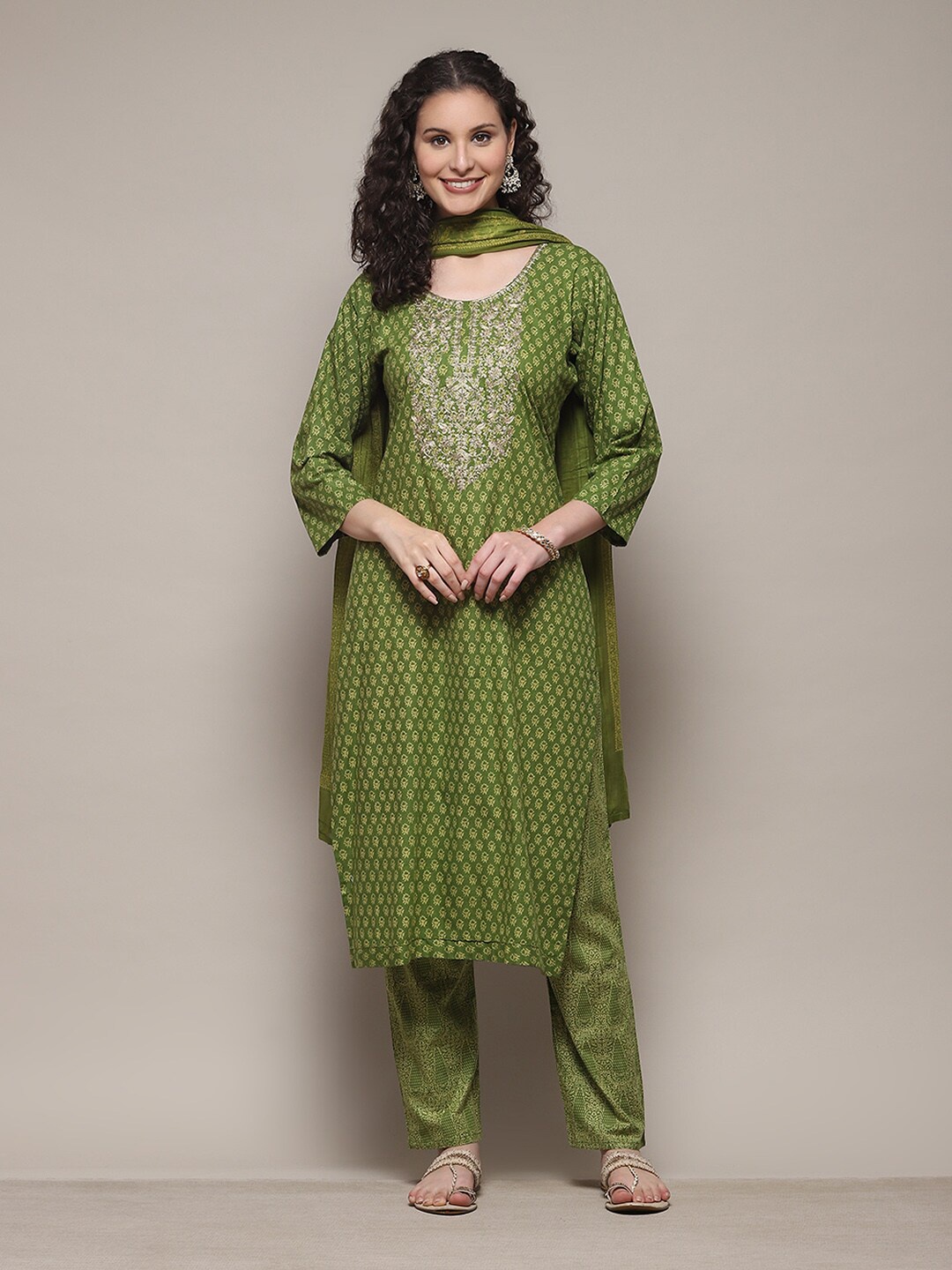 

Biba Ethnic Motifs Printed Thread Work Unstitched Dress Material, Green