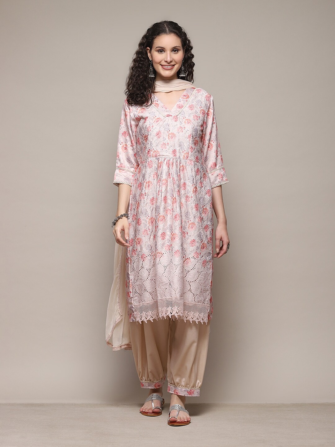 

Biba Floral Printed Unstitched Dress Material, Beige