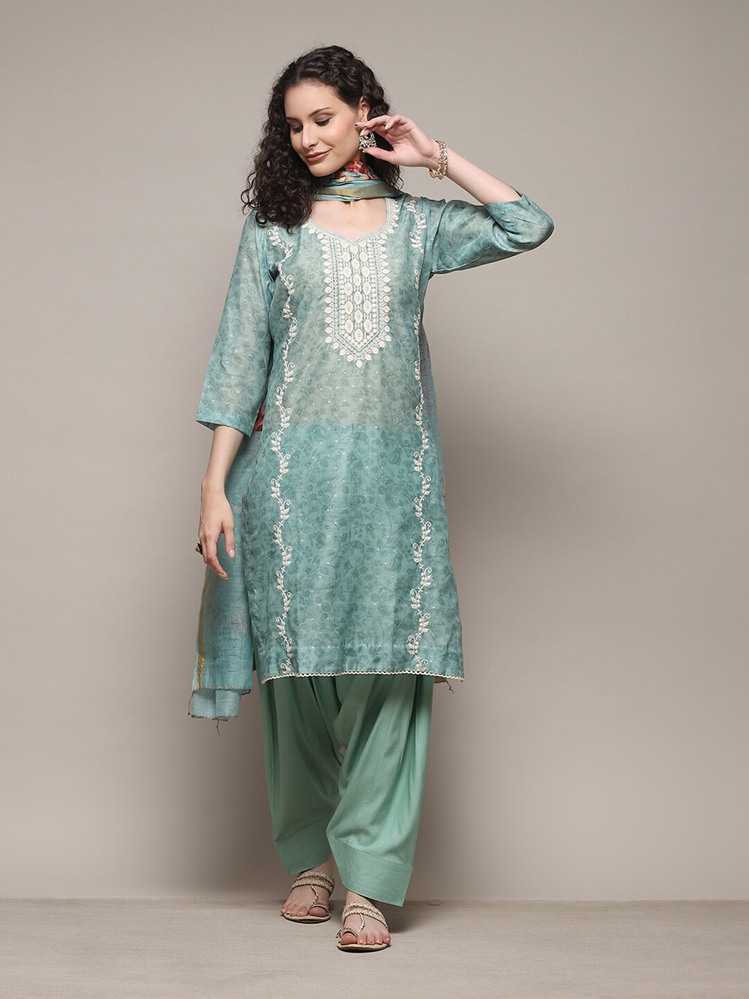 

Biba Floral Printed Sequinned Unstitched Dress Material, Green