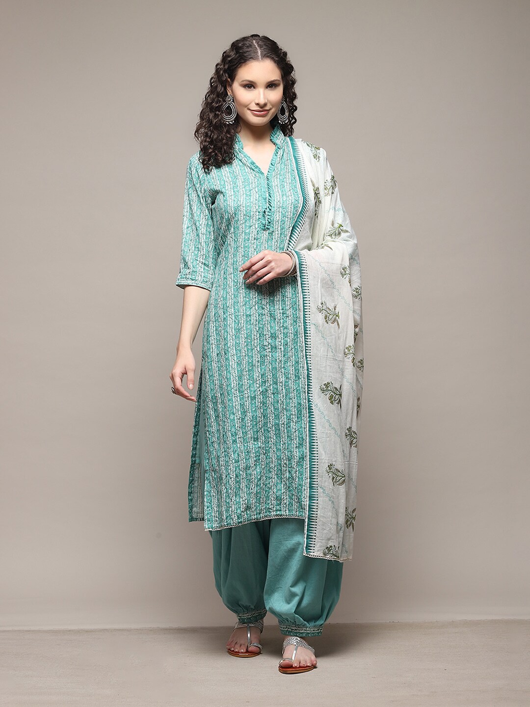 

Biba Striped Unstitched Dress Material, Green