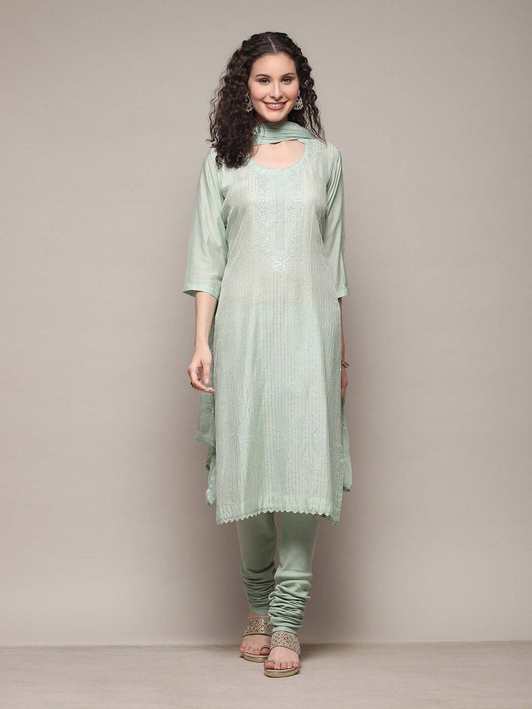 

Biba Embroidered Sequinned Unstitched Dress Material, Green