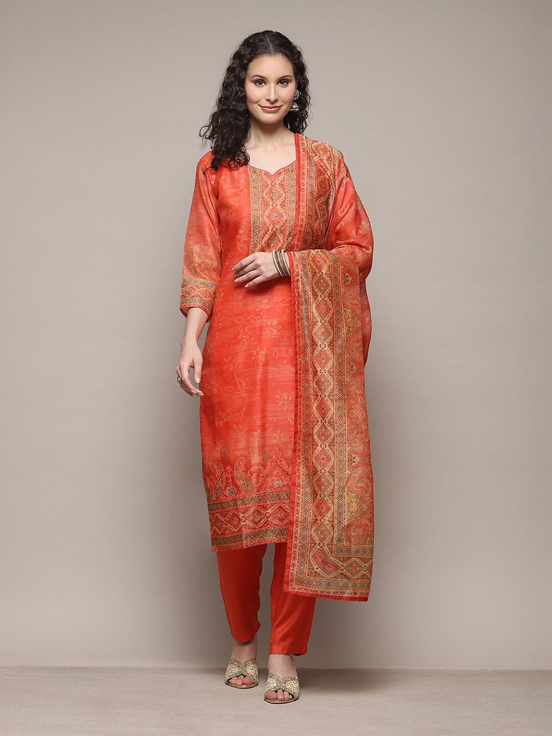 

Biba Ethnic Motifs Printed Thread Work Detail Unstitched Dress Material, Orange
