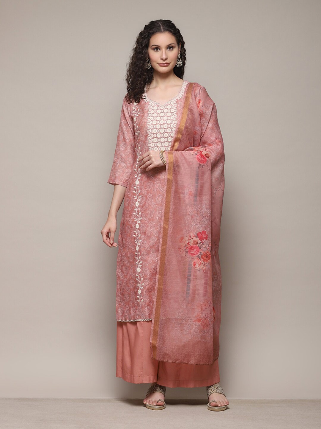 

Biba Floral Embroidered Thread Work Unstitched Dress Material, Peach