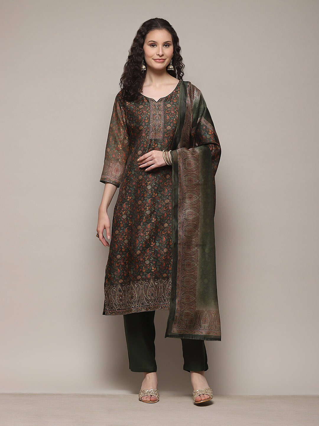 

Biba Ethnic Motifs Printed Sequinned Unstitched Dress Material, Green