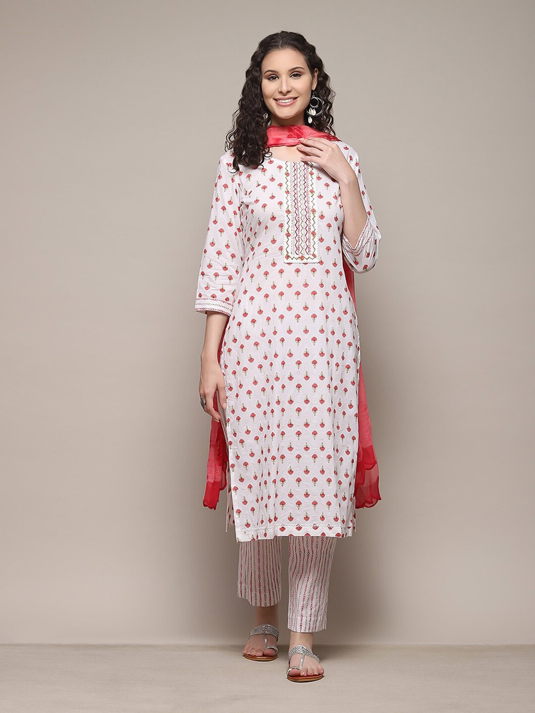 

Biba Ethnic Motifs Printed Thread Work Unstitched Dress Material, Pink