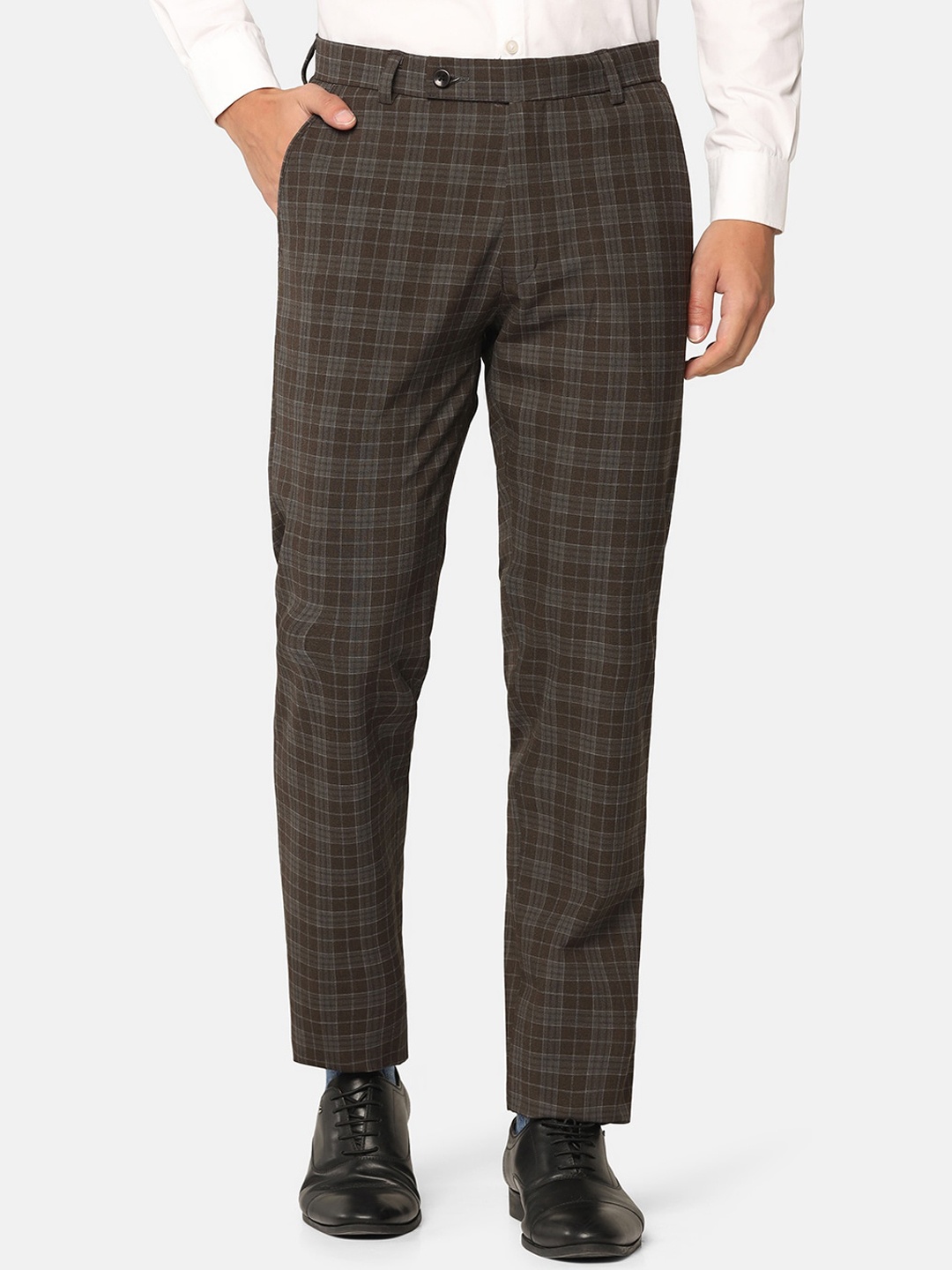 

TAHVO Men Comfort Checked Slim Fit Formal Trousers, Brown