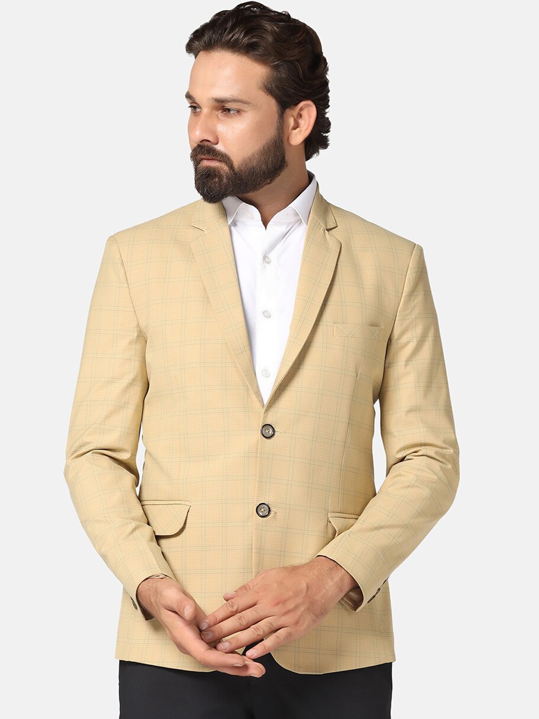 

TAHVO Checked Notched Lapel Single-Breasted Blazer, Beige