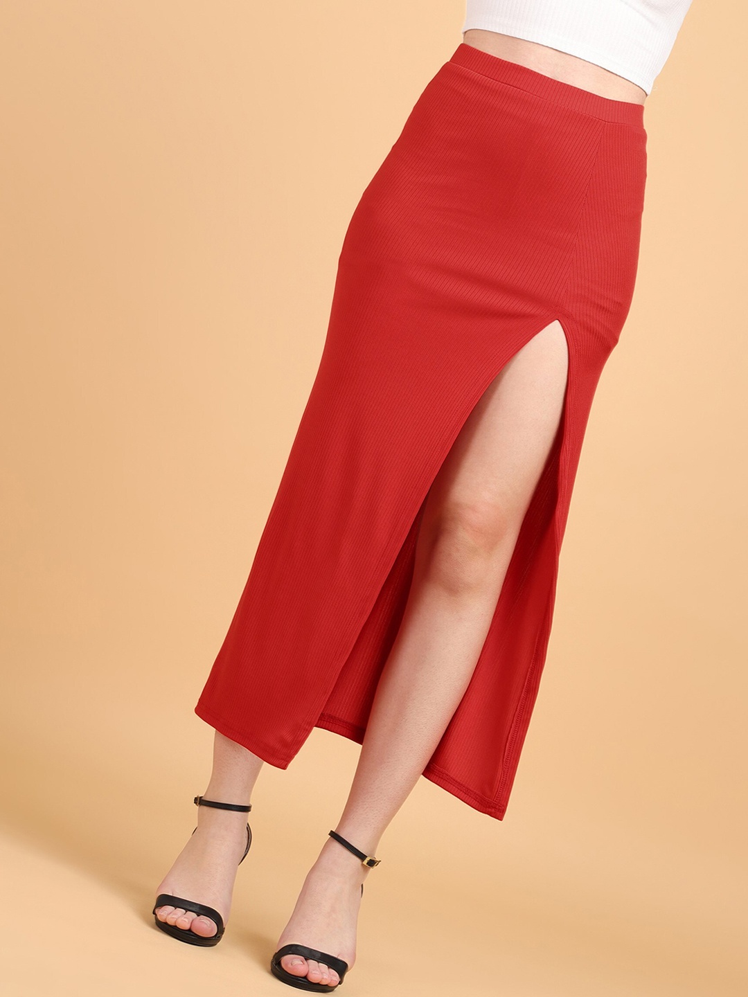 

Popwings Self-Design Cotton Flared Maxi Straight Skirt, Red
