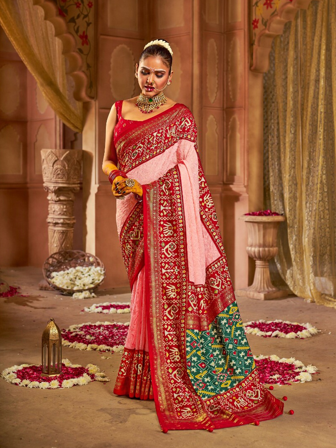 

Mitera Ethnic Embroidered Designer Patola Saree, Peach