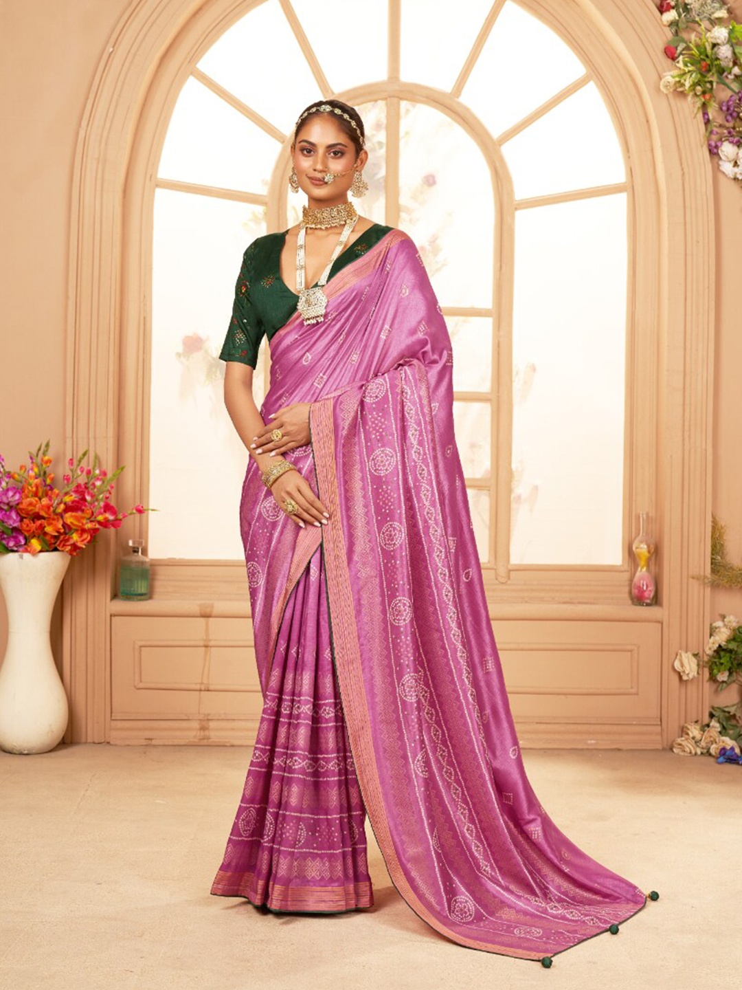 

Mitera Bandhani Printed Silk Cotton Saree, Pink