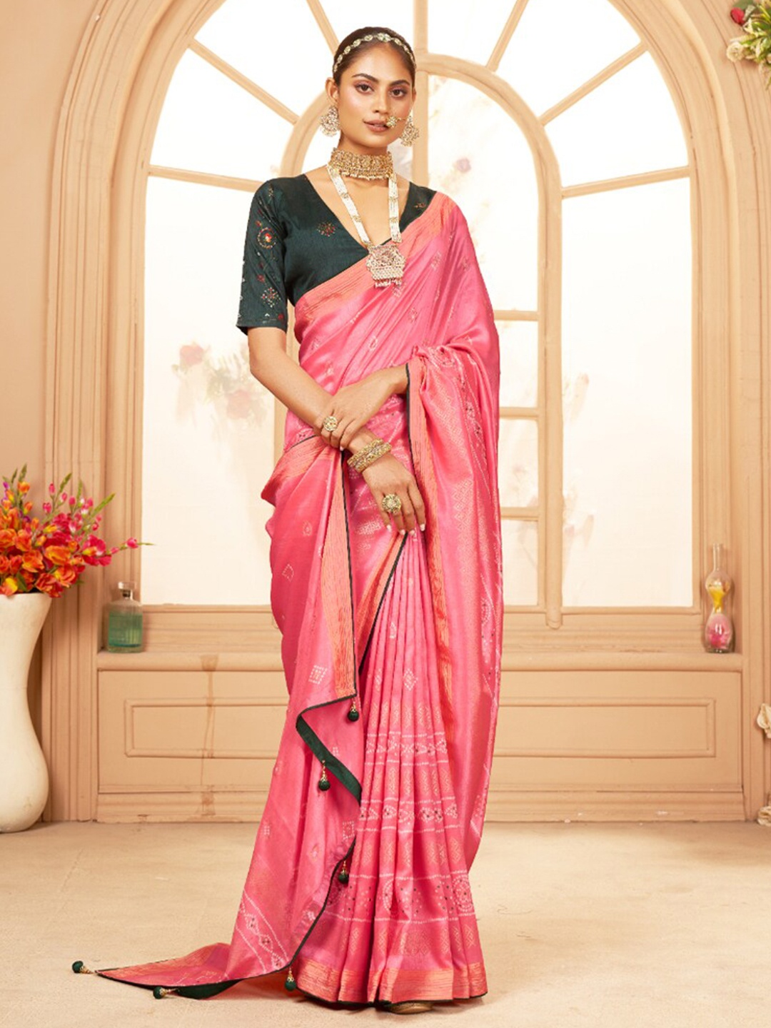 

Mitera Bandhani Printed Silk Cotton Saree, Rose