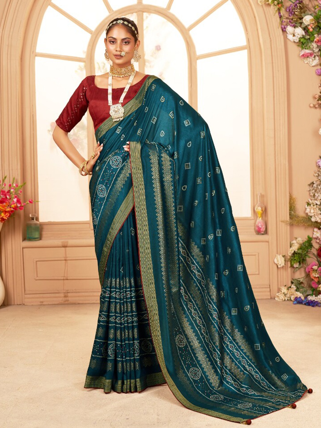 

Mitera Bandhani Printed Zari Silk Cotton Saree, Turquoise blue