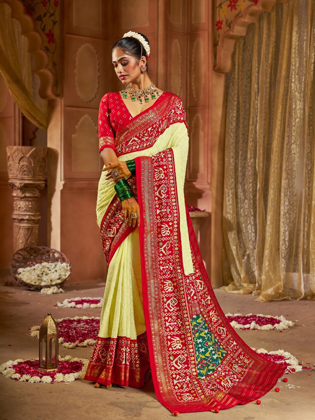 Mitera Lime Green Ethnic Motifs Printed Zari Patola Saree
