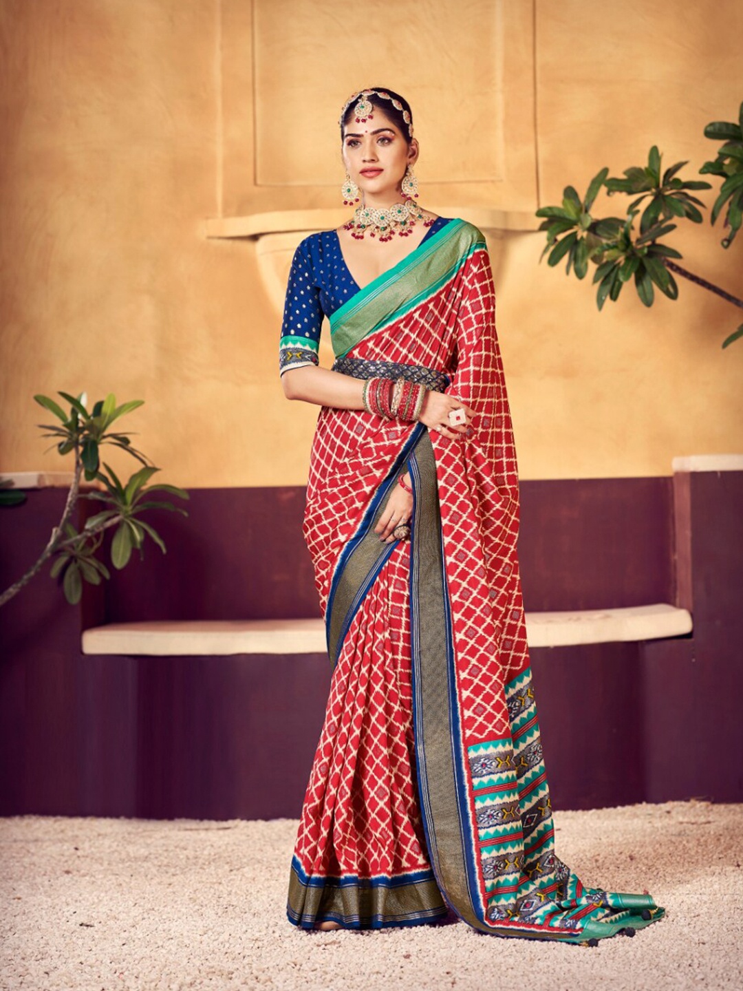

Mitera Red Checked Zari Silk Cotton Leheriya Saree