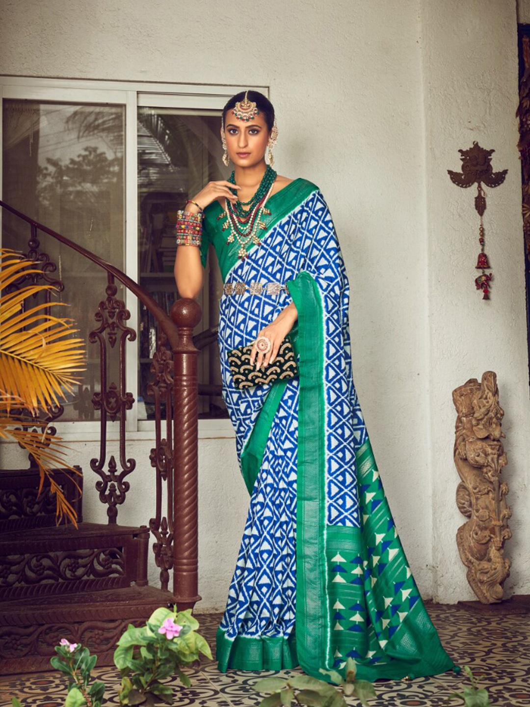 

Mitera Blue Geometric Printed Zari Detailed Silk Cotton Ikat Saree