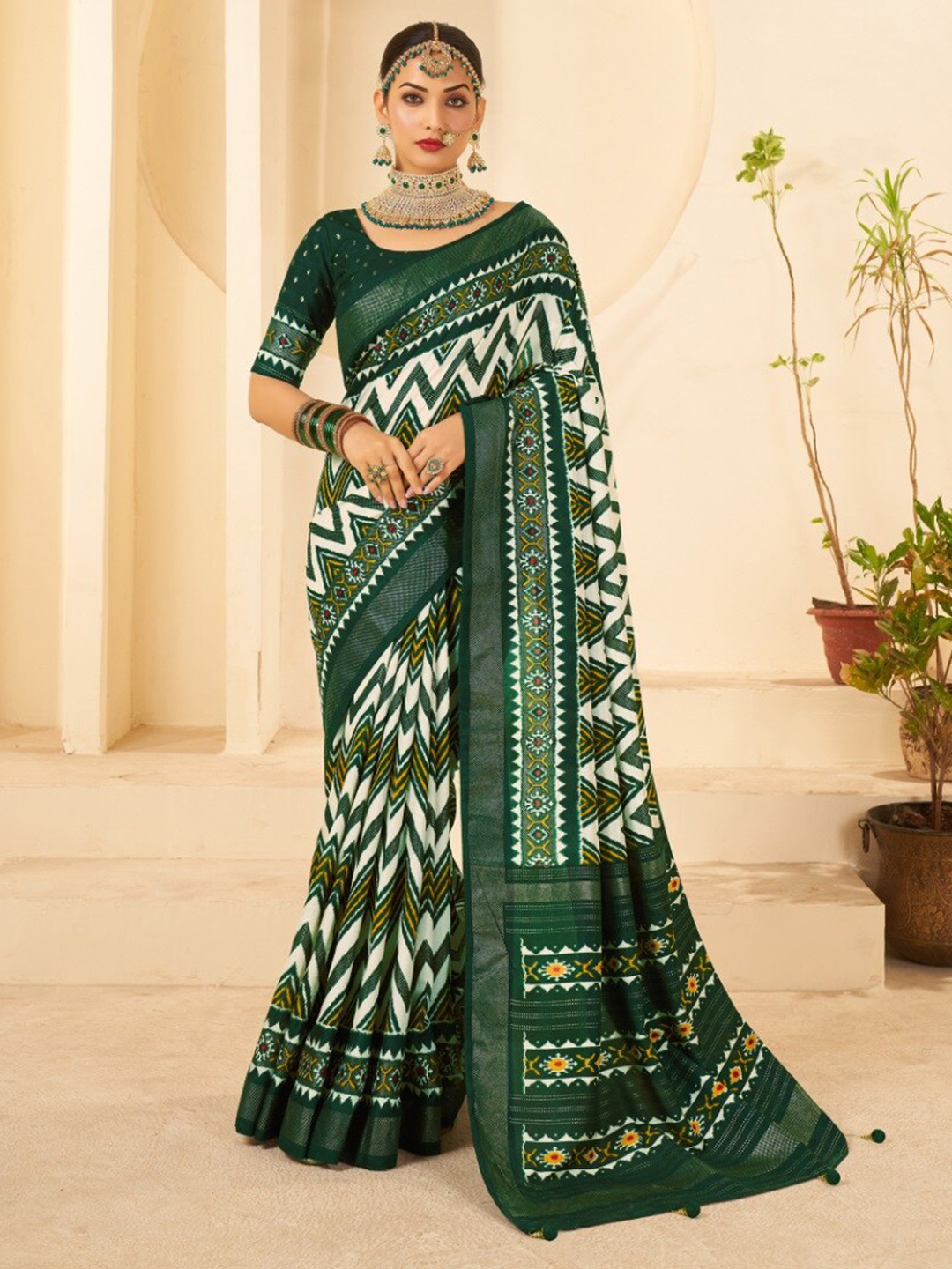 

Mitera Geometric Printed Zari Silk Cotton Ikat Saree, Green
