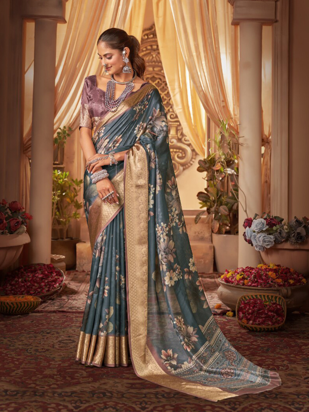 

Mitera Floral Printed Zari Silk Cotton Saree, Turquoise blue