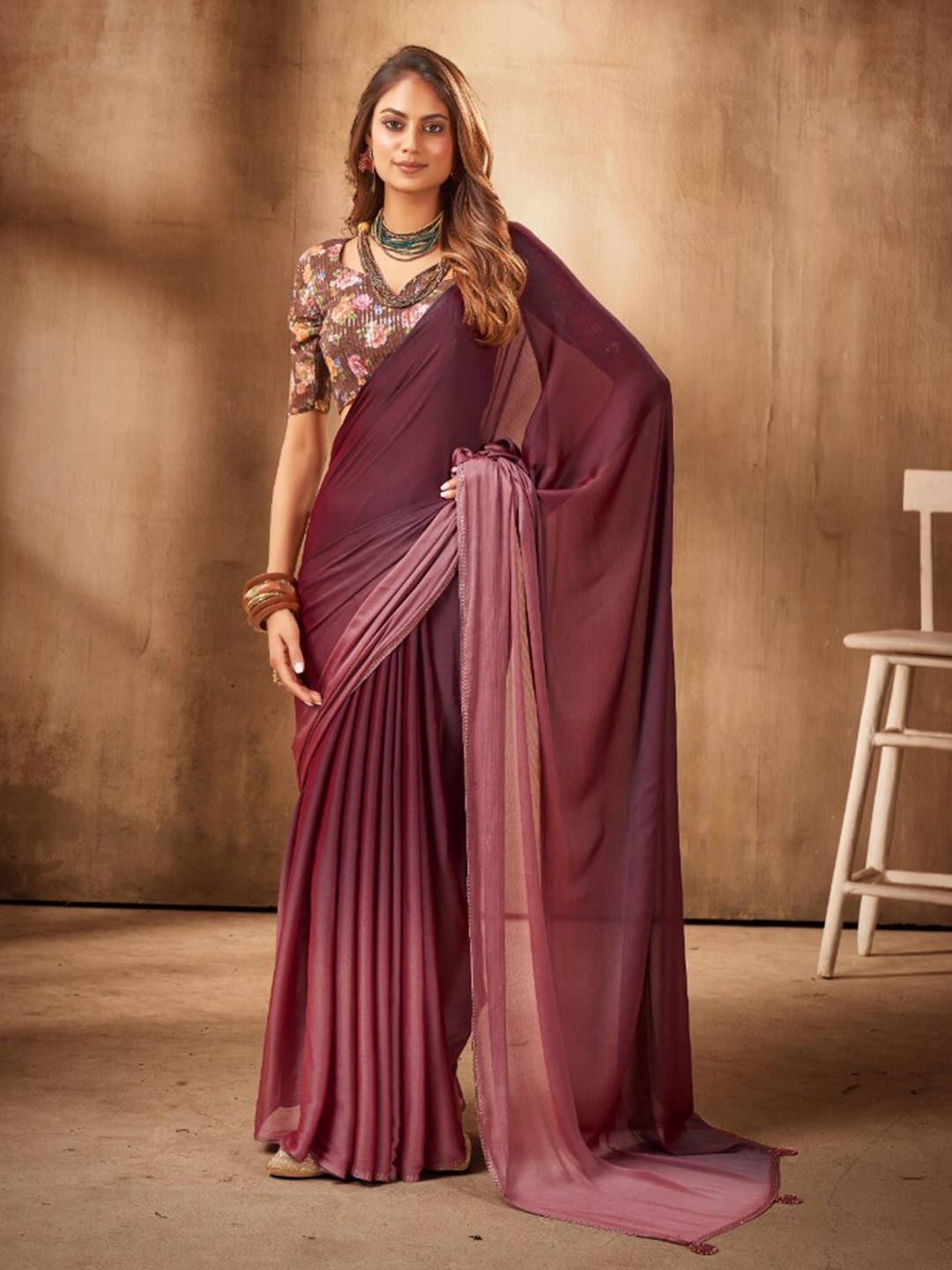 

Mitera Coffee Brown Ombre Dyed Satin Saree