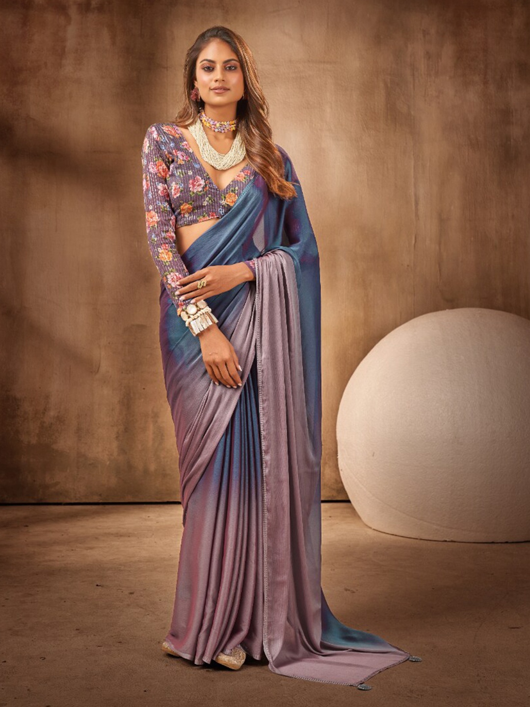 

Mitera Ombre Dyed Beads and Stones Satin Saree, Grey melange