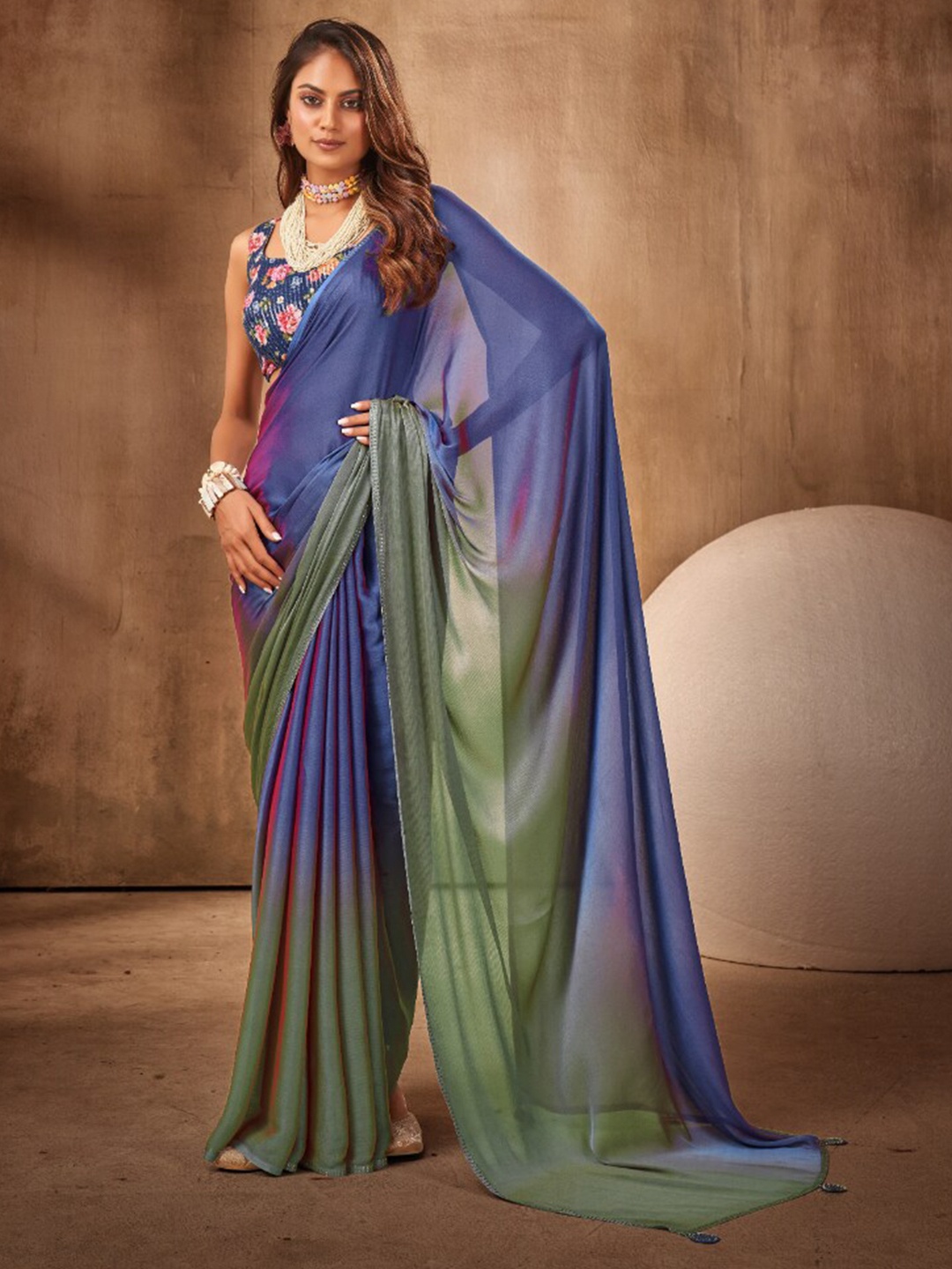 

Mitera Green Ombre Dyed Beads and Stones Satin Saree