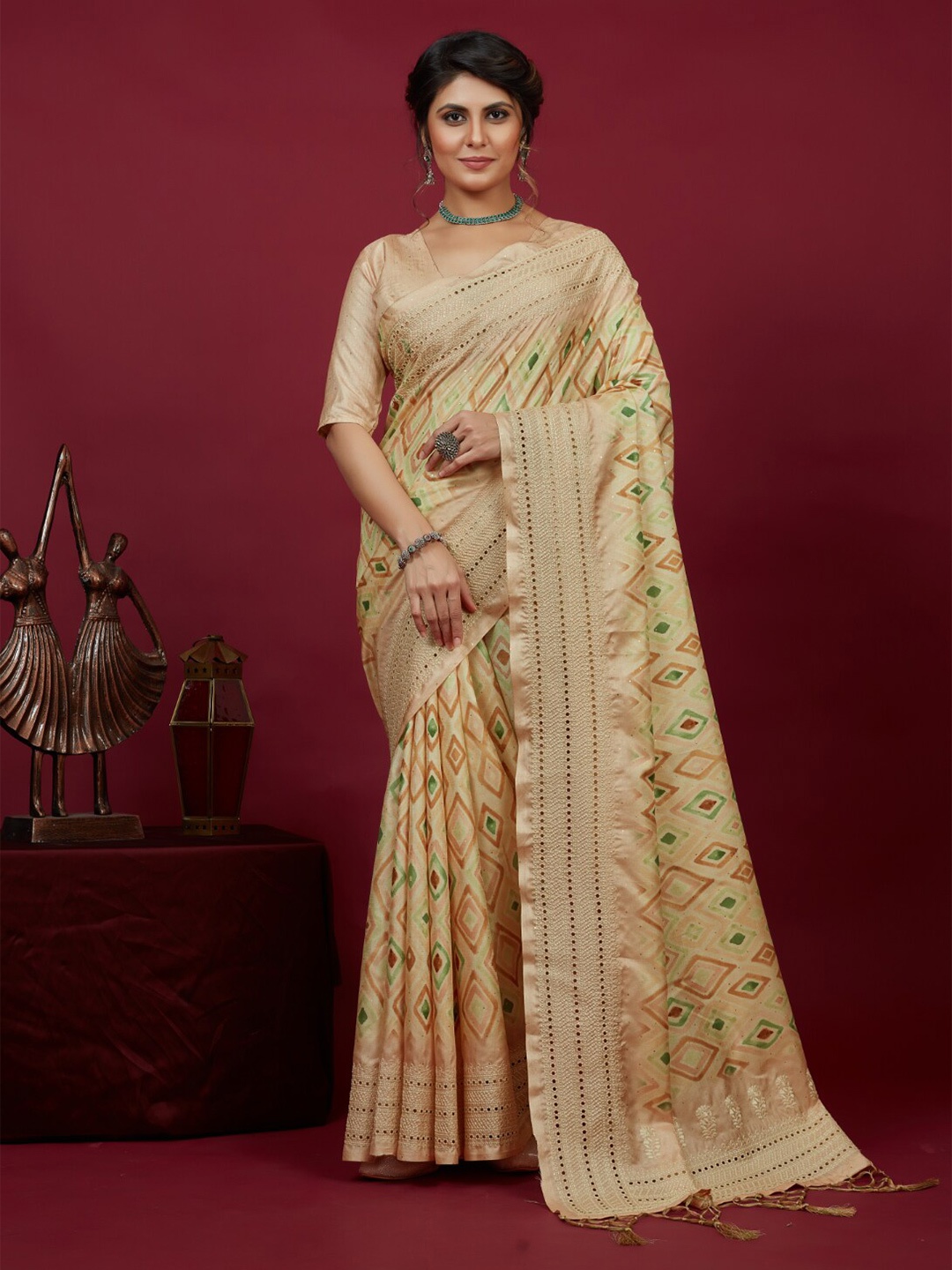 

Mitera Beige Geometric Printed Silk Cotton Ikat Saree