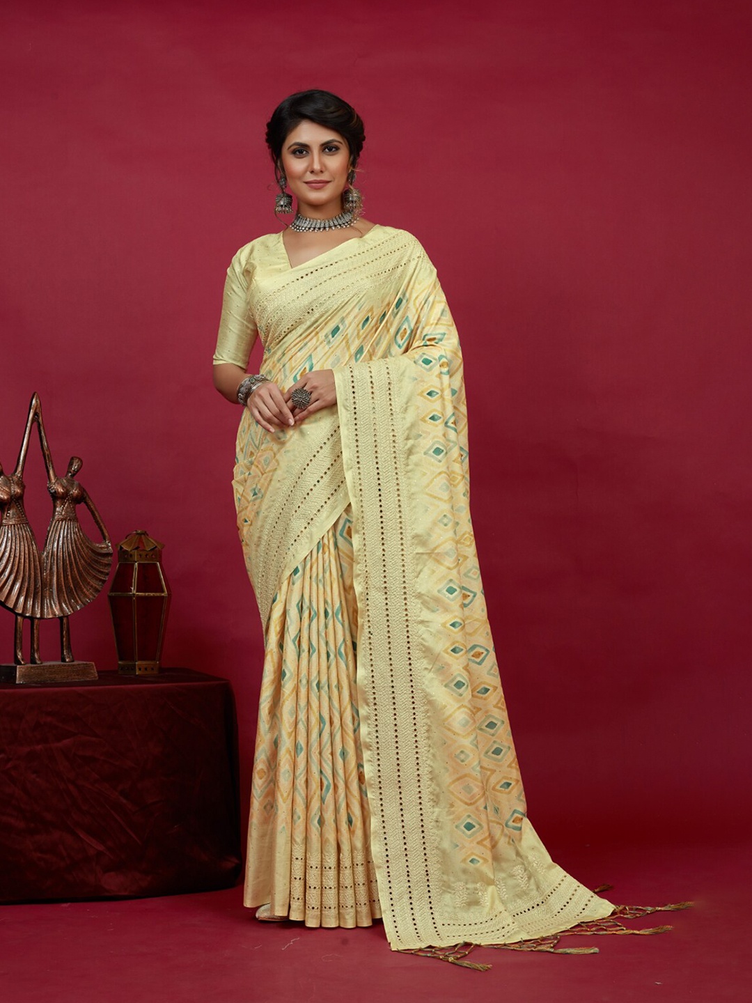 

Mitera Ethnic Motifs Printed Silk Cotton Designer Ikat Saree, Yellow