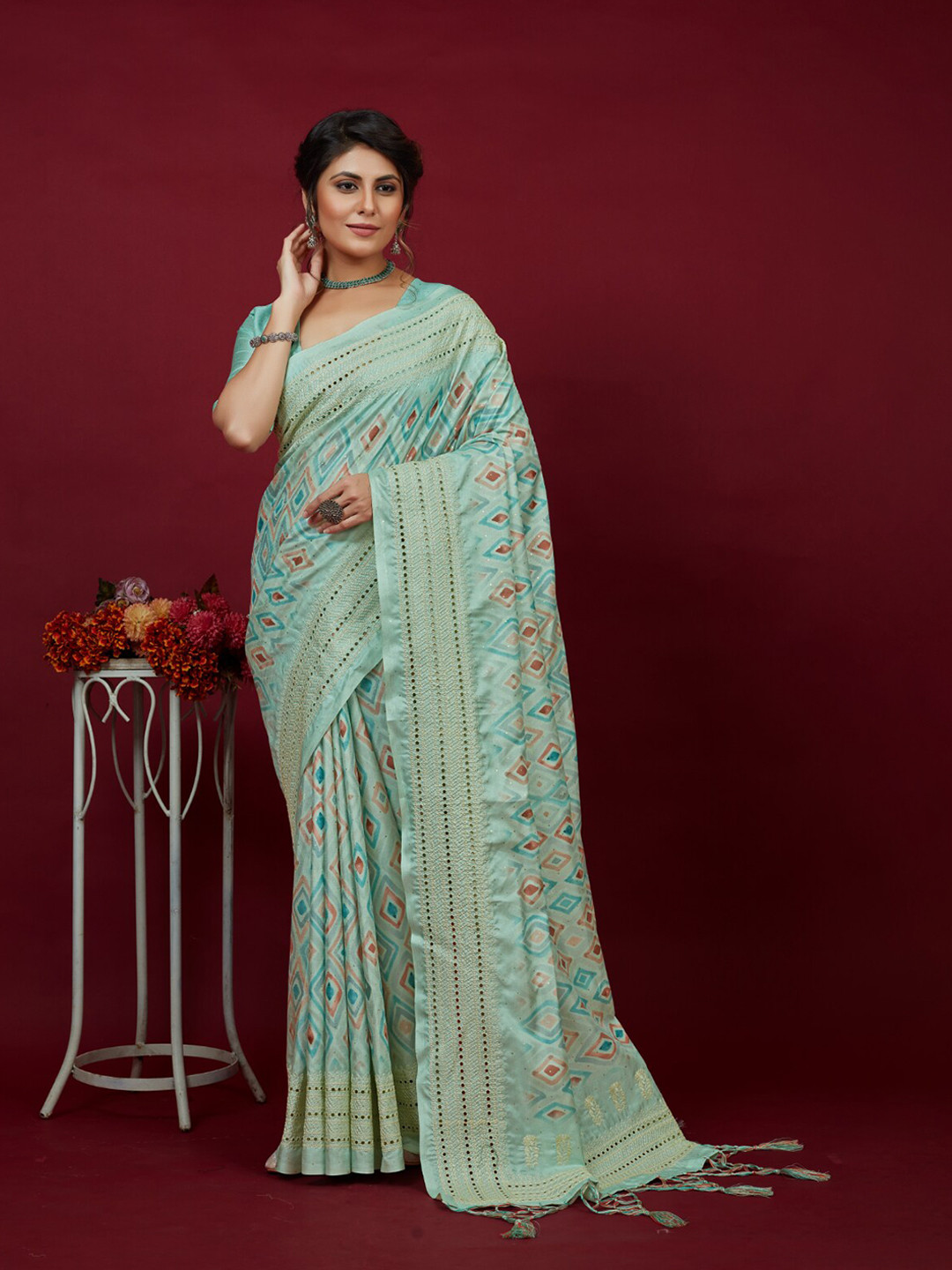 

Mitera Ethnic Motifs Printed Sequinned Silk Cotton Saree, Sea green