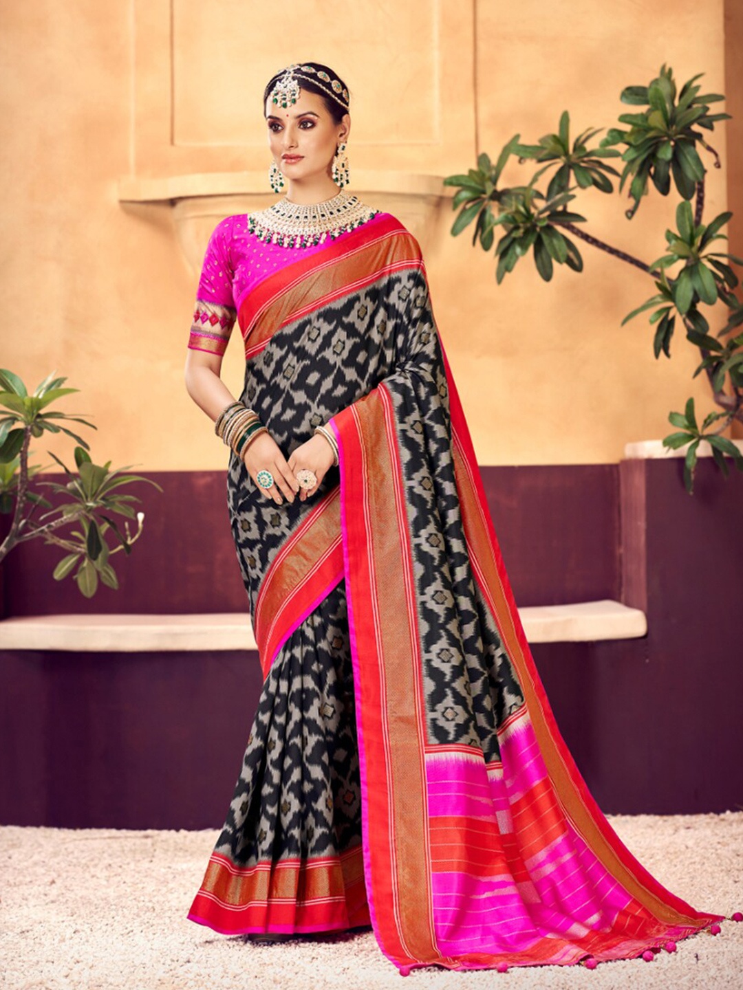 

Mitera Black Geometric Printed Zari Detailed Silk Cotton Ikat Saree