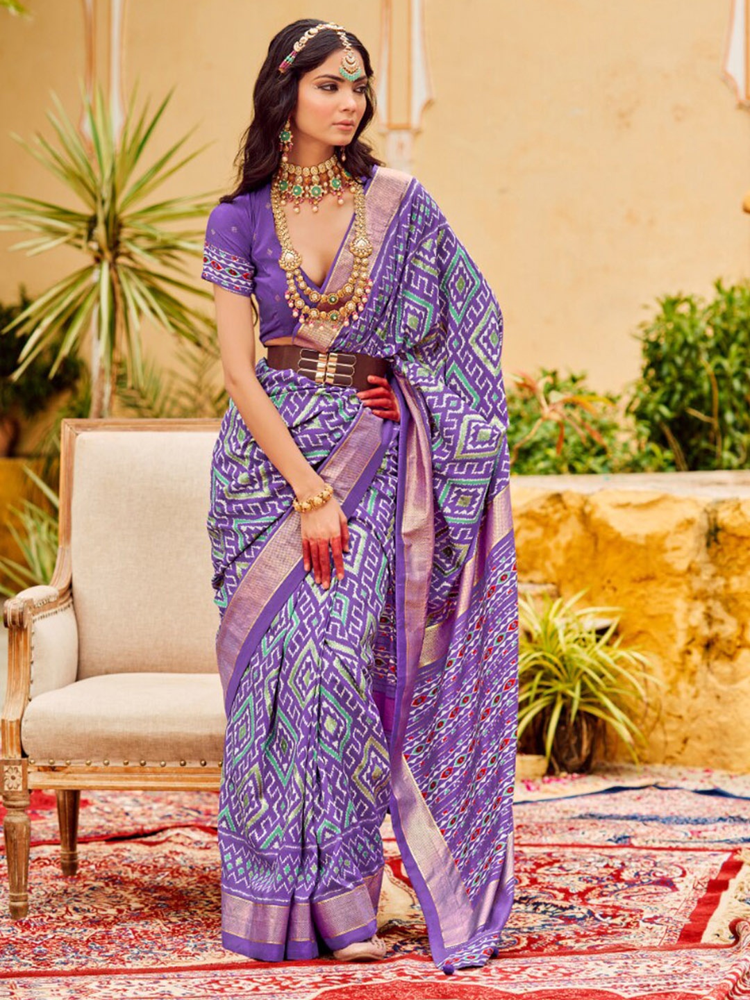 

Mitera Ethnic Motifs Printed Zari Detailed Silk Cotton Saree, Purple